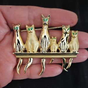 Gold Cat Brooch with Green Accents